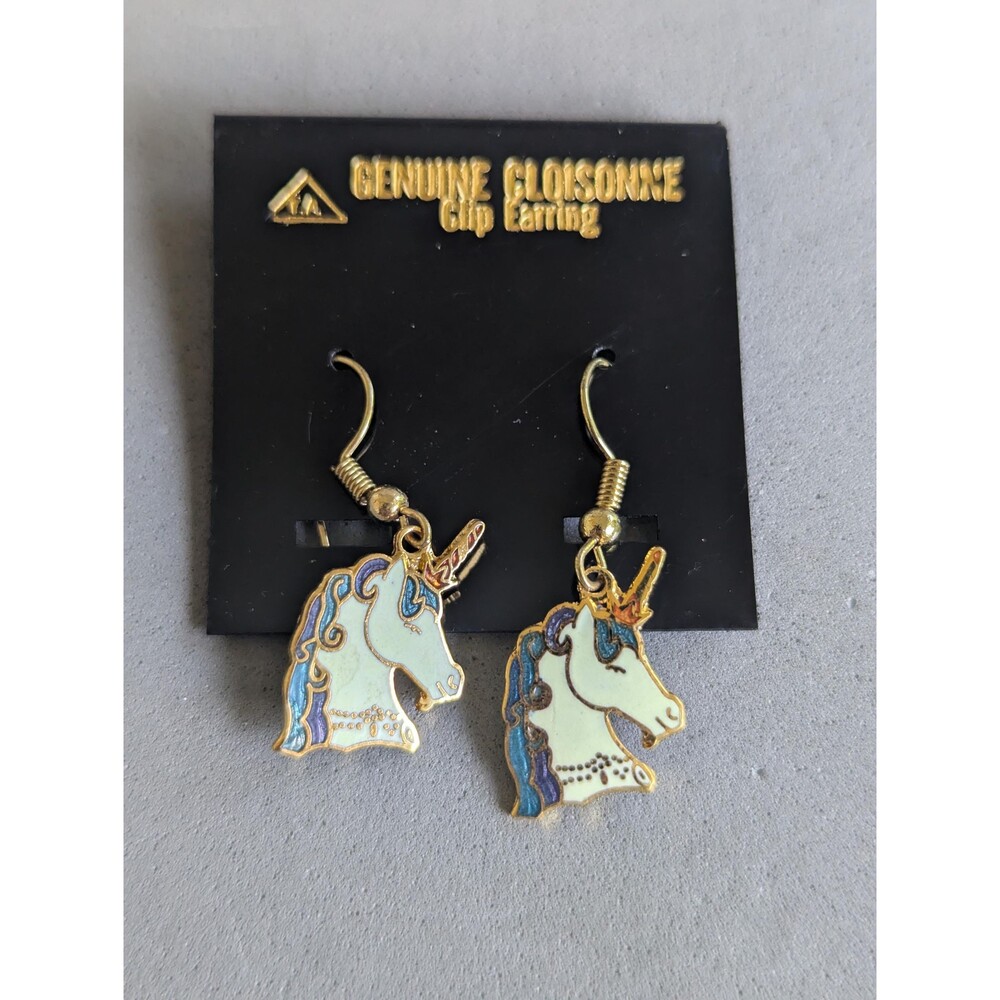 Vintage NOS Cloisonné White Unicorn Dangle Earrings Taiwan Enamel